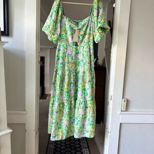 Vibrant Floral Midi Dress in Green and Pink